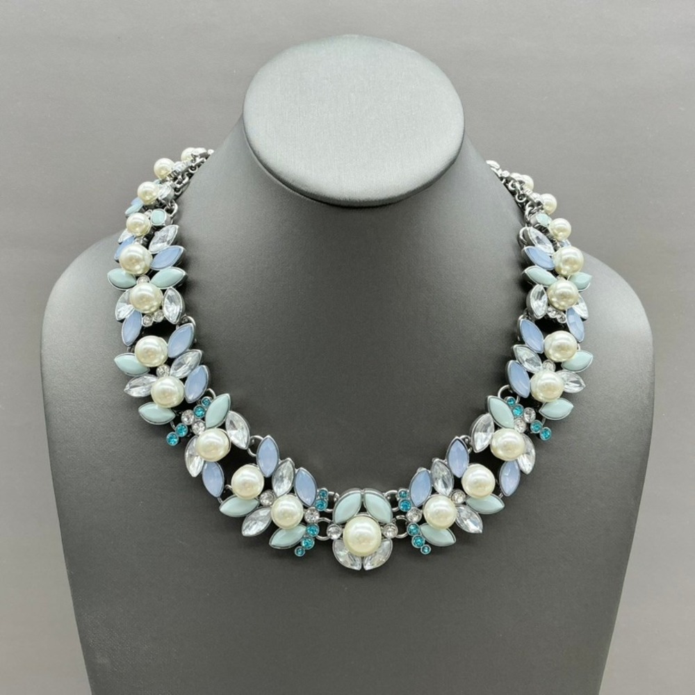 Talbots Necklace Faux Pearl Blue Crystal Floral Silver Tone Statement Bib 17"